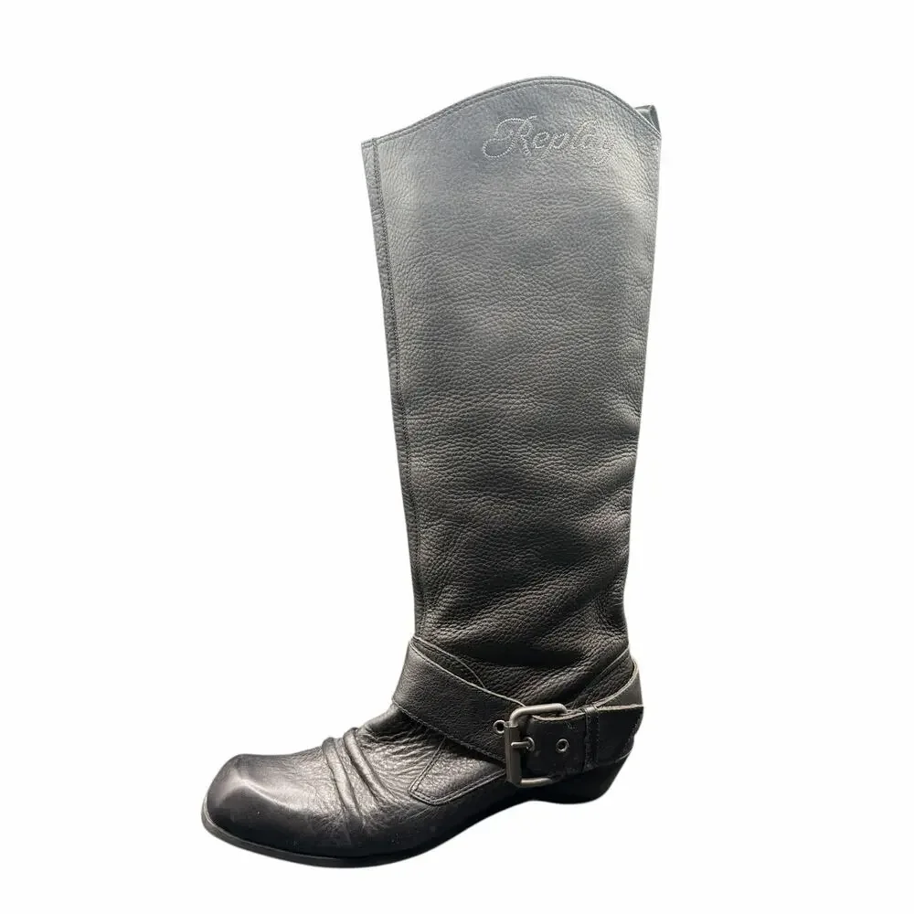 Replay Black Leather Tall Moto Boots Women’s 9.5 Buckle Riding
